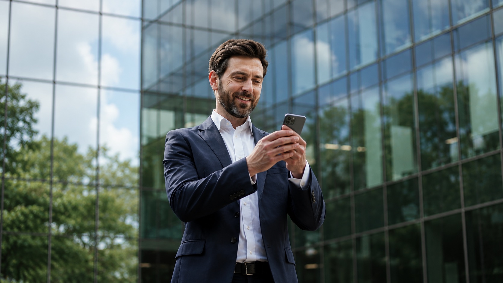 Empresário usando o celular em frente a um edifício corporativo